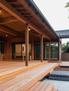 Photorealistic wooden house with timber structure